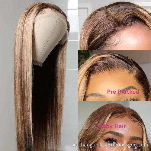 Uniky Highlight piano 4/27 Straight 30 inch lace closure wig Ombre 13X4X1 virgin transparent HD lace front human hair wigs